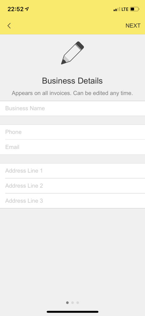 Invoice - Business details setup screen for small business owners in the Invoice Easy Peasy app