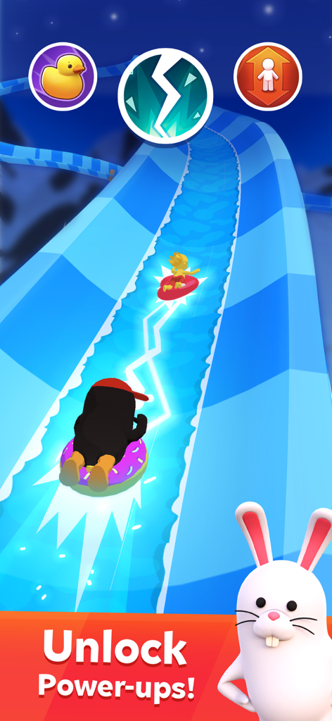 Gameplay screenshot of aquapark.io featuring characters on a blue water slide and a prompt to unlock power-ups