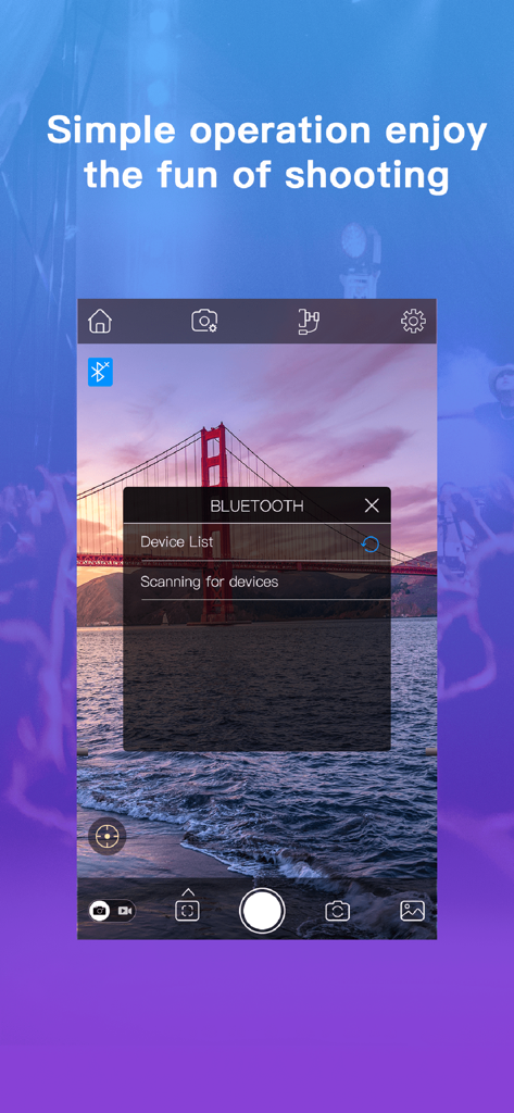 Gimbal Pro - Gimbal Proモバイルアプリのインターフェースが、ゴールデンゲートブリッジのカメラビューとともにBluetoothデバイスをスキャンしている