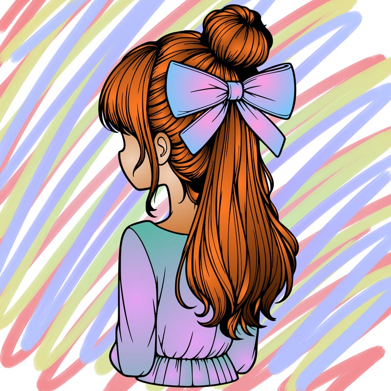realistic girl  with hip length hair a bun and a big bow on the back of head