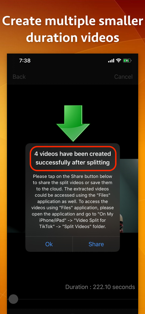 Video Splitter - Reels Cutter - A mobile screen showing a success message after splitting a long video into four smaller clips