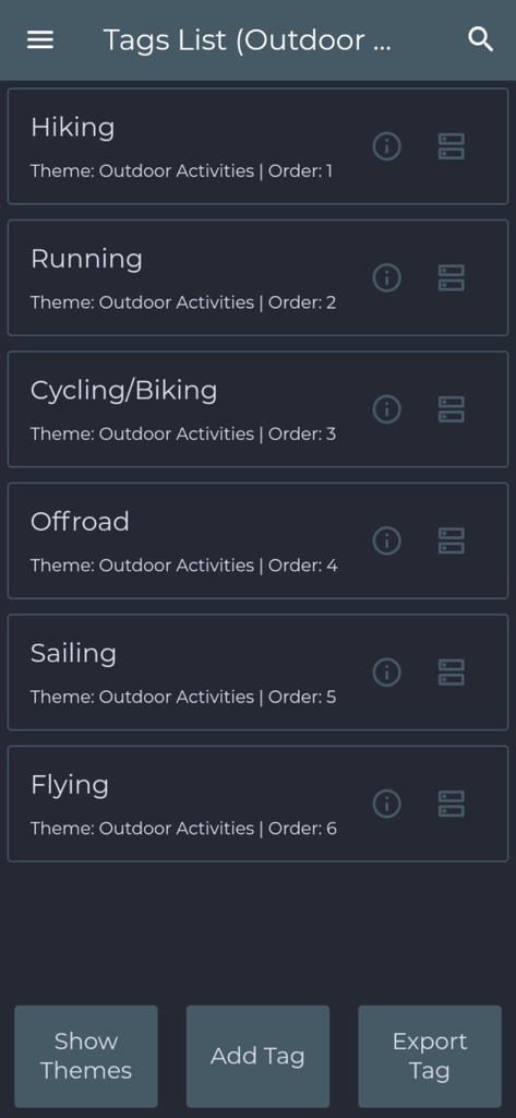 GPS Waypoints Lite - Pantalla que muestra etiquetas de actividades al aire libre para senderismo, carrera y ciclismo en la aplicación GPS Waypoints Lite