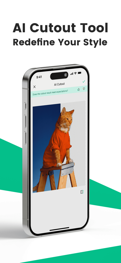 Nelko - Pantalla de la aplicación Nelko mostrando la herramienta de recorte IA eliminando el fondo de una foto de un gato