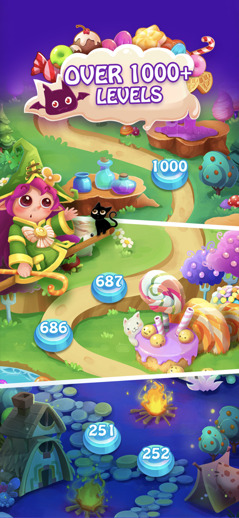 Candy Fever - Match 3 Games - A colorful game map in Candy Fever displaying over 1000 levels with sweet decorations and characters