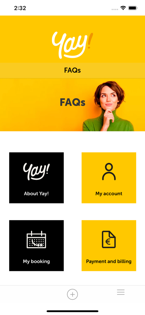 Menú principal de la app de aparcamiento del aeropuerto ¡Yay! que muestra opciones de cuenta, reserva y pago