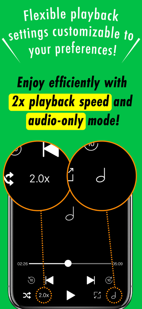 Clicha: Save Videos Offline - Clicha 앱 화면에서 2배속 재생 및 오디오 전용 모드 기능 표시
