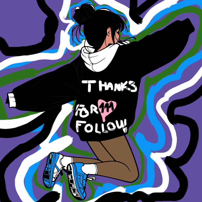 realistic girl jumping with a bun and oversized sweatshirt