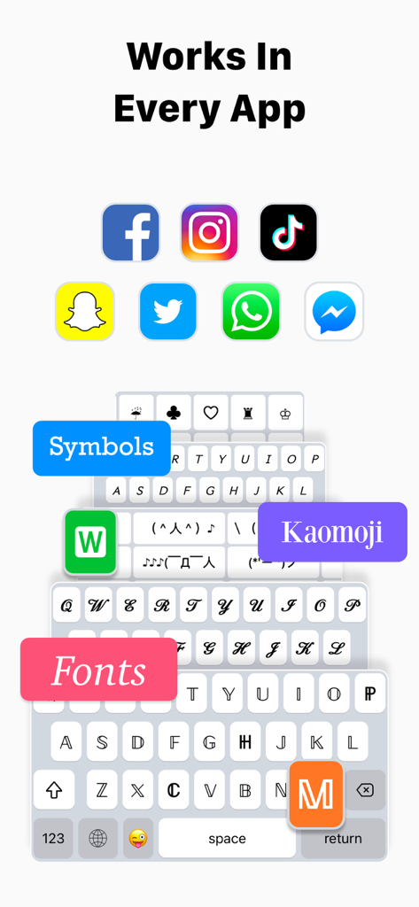 Keyboard Fonts & Emoji Maker - Keyboard interface showing various fonts symbols and kaomoji with icons for Instagram TikTok and Snapchat