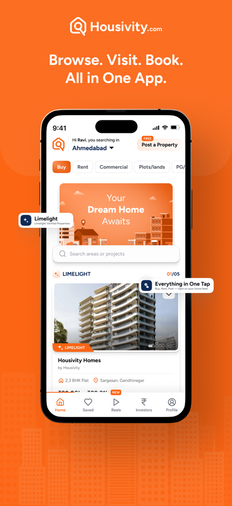 Housivity.com: Buy, Sell, Rent - Housivity App Startbildschirm mit Suchfiltern für Kauf-, Miet- und Gewerbeangebote sowie einem hervorgehobenen Wohnhaus