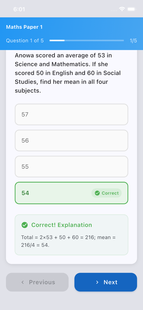 BECE Past Questions & Mocks - Uma captura de tela de uma questão prática de matemática do BECE mostrando a resposta correta com uma explicação passo a passo.
