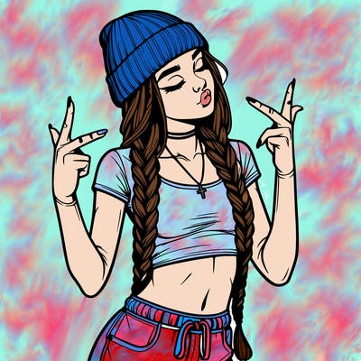 realistic teenage girl with braids and a beanie and crop top doing 🫶🏼