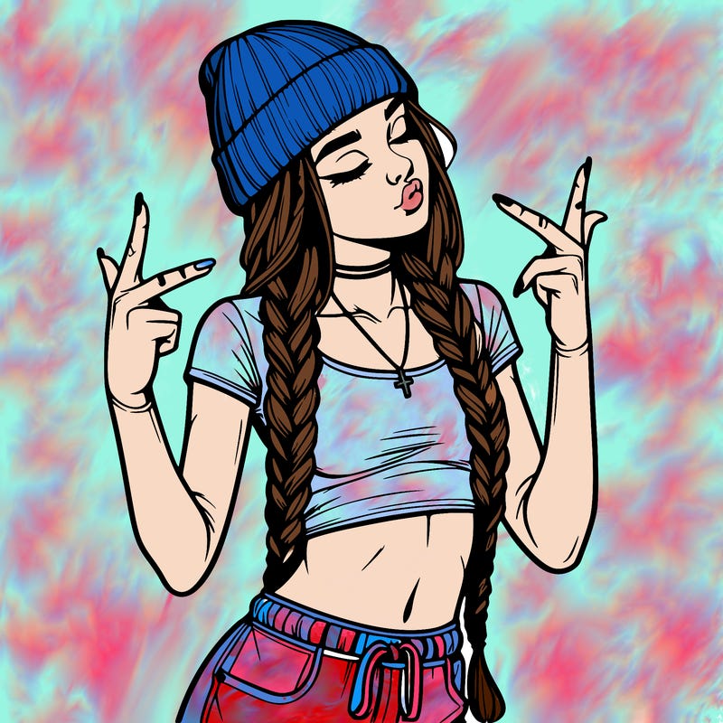 realistic teenage girl with braids and a beanie and crop top doing 🫶🏼