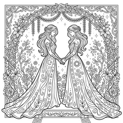 Immerse yourself in a beautiful celebration of love with this unique Personifications Wedding coloring page, featuring two elegant figures uniting under a lush floral arch. Discover intricate celestial patterns on their gowns and throughout the romantic setting, ready for your creative touch.