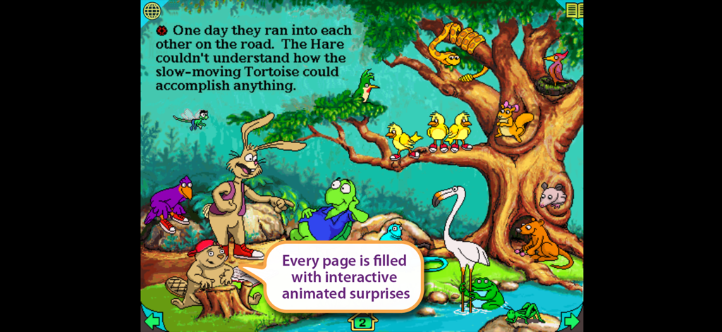 Eine bunte interaktive Szene aus dem Bilderbuch-Apps Hase und Igel, die animierte Waldtiere und Story-Text zeigt.