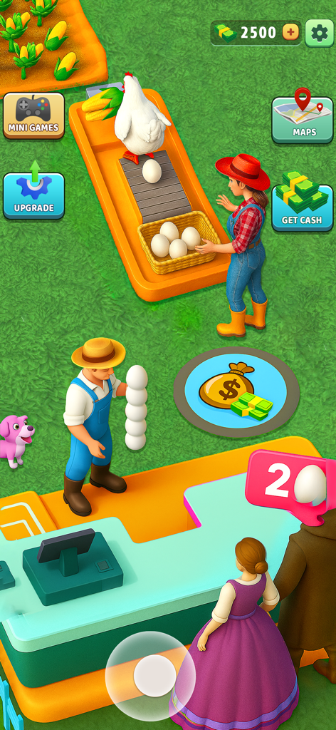Farm Valley Farming Simulator - A farmer collecting eggs from a hen and selling them to a customer at a shop counter.