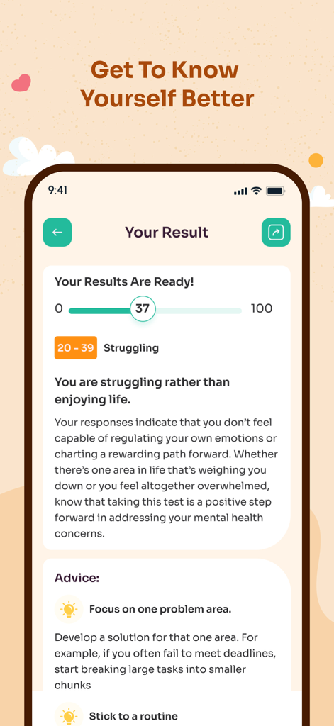 Mental Health - Self Care - Aplicación de salud mental que muestra los resultados de las pruebas de autodescubrimiento y consejos de bienestar.