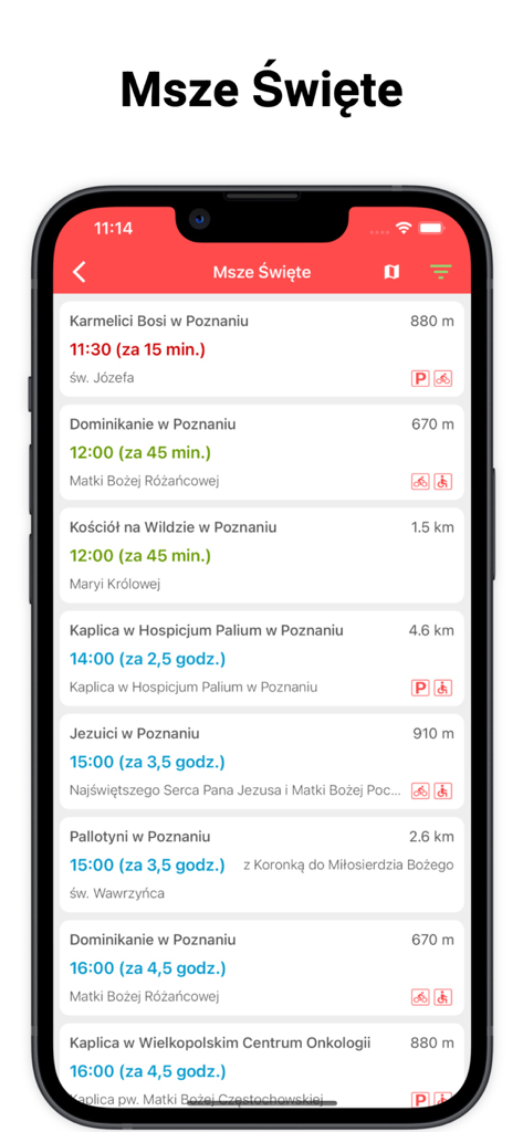 Drogowskaz - Interface of the Drogowskaz app showing a list of holy mass times at churches in Poznan with distances and countdowns