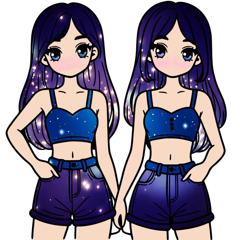 two sisters with crop tops and jean shorts and straight hair