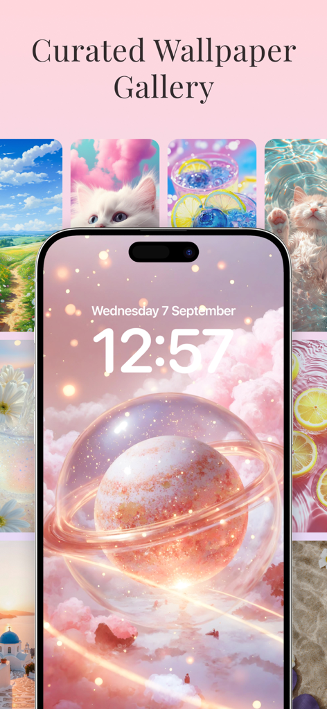 Wallpapers, Widget & Theme App - A gallery of curated aesthetic wallpapers featuring a dreamy pink planet and cute kittens for iPhone lock screens
