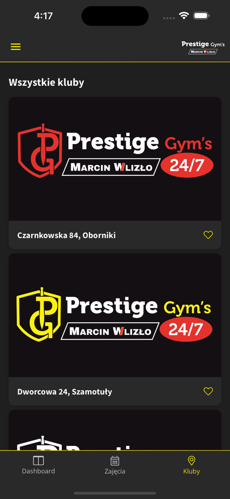 List of available prestige gym locations in the mobile app