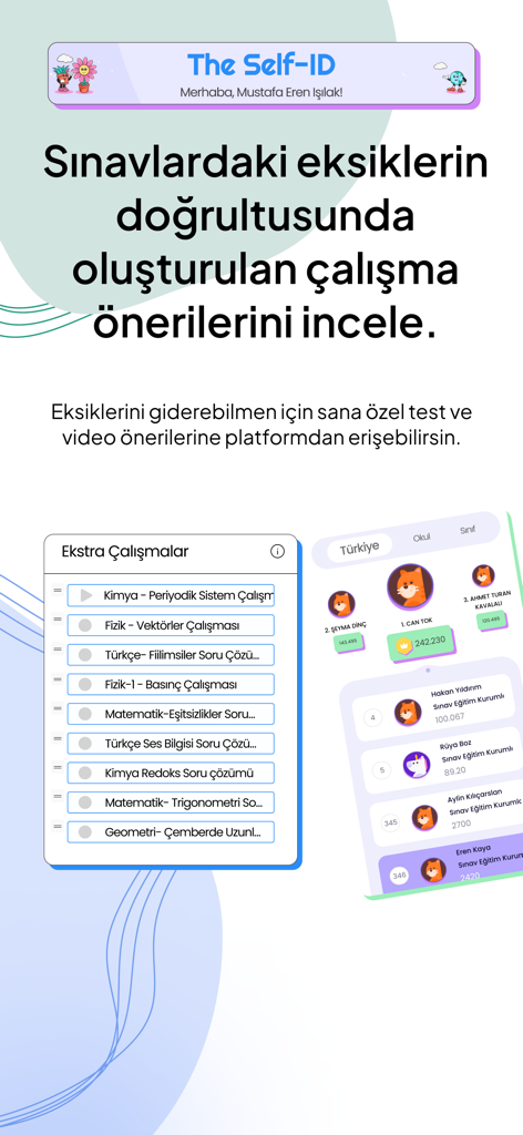 MyExamy - Aplicativo MyExamy mostrando recomendações de estudo personalizadas e classificações no ranking de alunos.