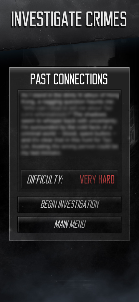 Murder Mystery Detective Story - Eine Spieloberfläche, die den Fall „Vergangene Verbindungen“ mit einer sehr hohen Schwierigkeitsstufe und einer Schaltfläche zum Starten der Ermittlung zeigt.