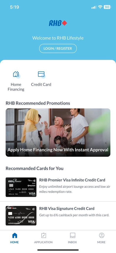 Dashboard dell'app RHB MyHome che mostra le opzioni di finanziamento immobiliare e le carte di credito consigliate.