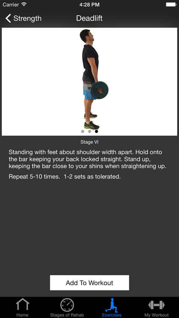 ACL Rehab - A man performing a deadlift exercise with instructions for Stage VI of ACL rehabilitation