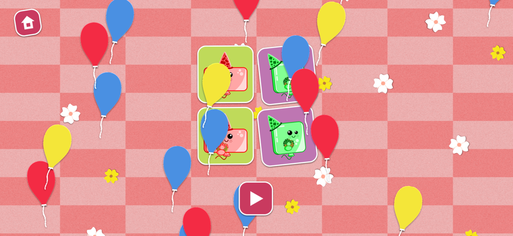 Memory Game - 2-4 year olds - Toddler memory game interface with colorful balloons and matching character cards