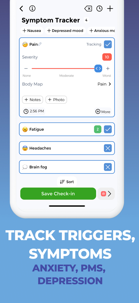 Mood Tracker Journal - Symptom tracker interface in the Mood Tracker Journal app showing pain severity levels and fatigue tracking