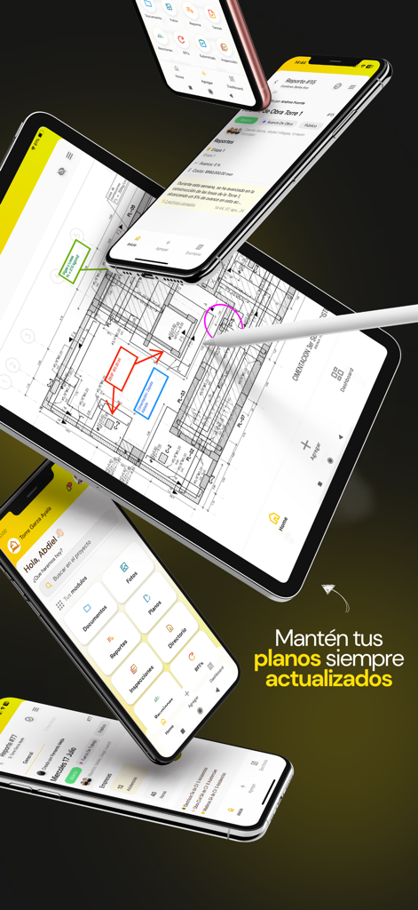 Buildpeer - Aplicación de gestión de construcción Buildpeer que muestra planos digitales en un iPad e informes de proyectos en teléfonos móviles.