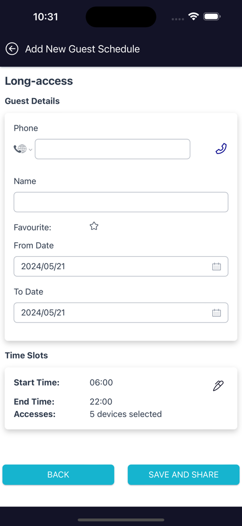 AIVA - AI Driven Safety 3.0 - Interfaz para configurar horarios de acceso para invitados con detalles del nombre del teléfono y franjas horarias en la aplicación AIVA
