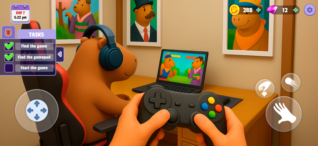A capybara wearing blue headphones sitting in a gaming chair while the player holds a controller to start a video game.