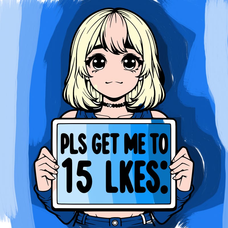 realistic girl holding up a sign that says “pls get me to 15 likes!”
