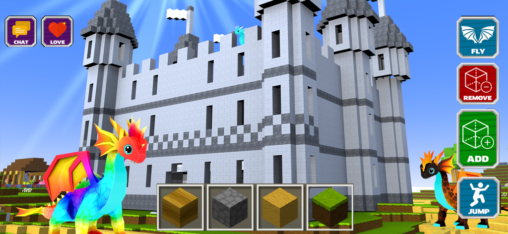 A colorful rainbow dragon standing in front of a massive stone castle built with blocks in a pixelated sandbox world.