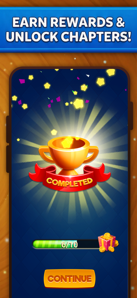 Word Seekers - Golden trophy and gold coins rewards screen for unlocking chapters in Word Seekers puzzle game
