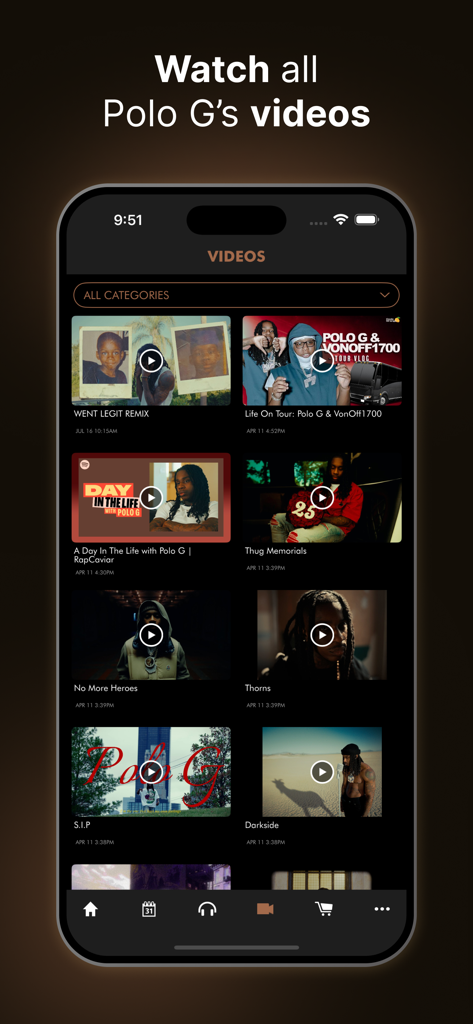 Polo G - Official App - A video gallery within the Polo G Official App featuring exclusive music videos tour vlogs and behind the scenes content