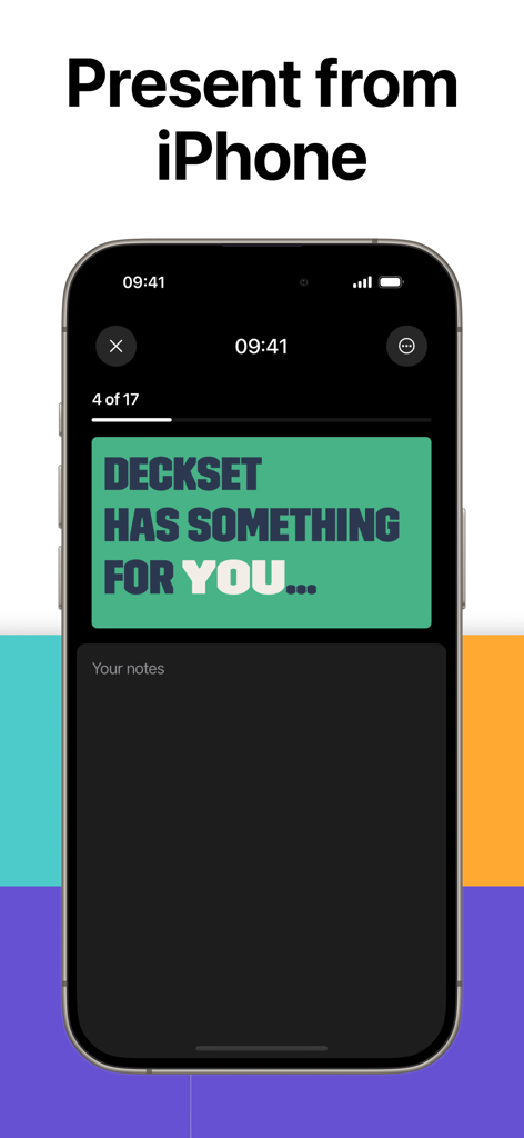 Deckset: Your Notes to Slides - iPhone displaying a slide presentation with presenter notes in the Deckset app