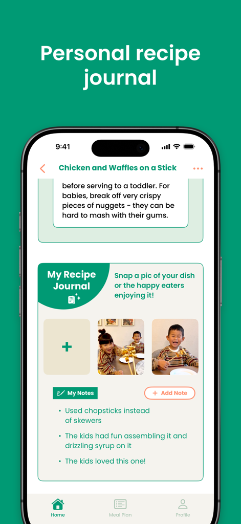 Feeding Littles - Easy Recipes - Interfaz de la aplicación Feeding Littles que muestra el diario personal de recetas con notas y fotos de niños comiendo.