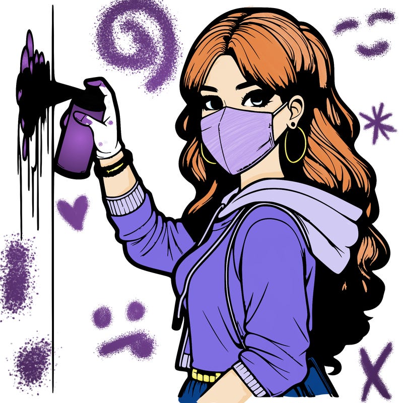 realistic girl with mask spray painting a wall