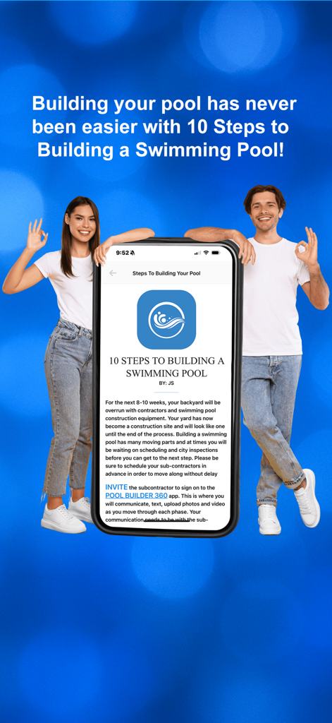 Pool Builder 360 - Immagine promozionale per l'app Pool Builder 360 che evidenzia 10 fasi per la costruzione di una piscina