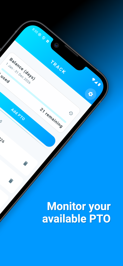PTO/Time Off Tracker - Interface of the PTO tracker app displaying the remaining time off balance