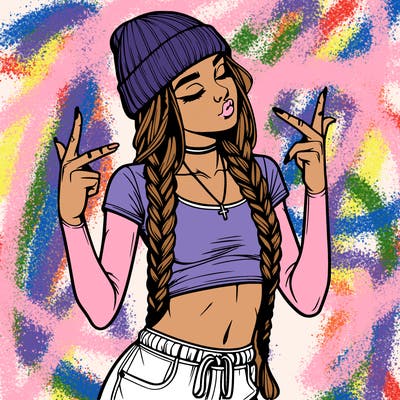 realistic teenage girl with braids and a beanie and crop top doing 🫶🏼