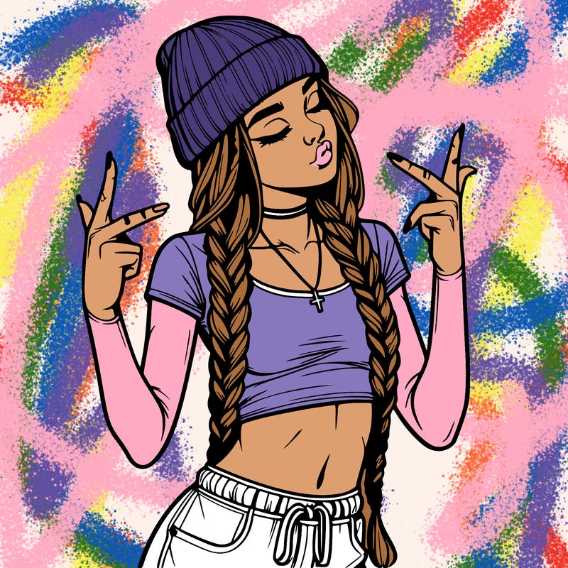 realistic teenage girl with braids and a beanie and crop top doing 🫶🏼