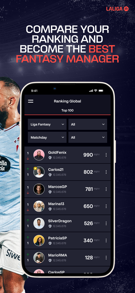 Tabla de clasificación global en la aplicación LALIGA FANTASY soccer manager.