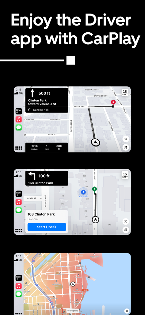 Uber Driver app interface screens on Apple CarPlay showing navigation and trip details