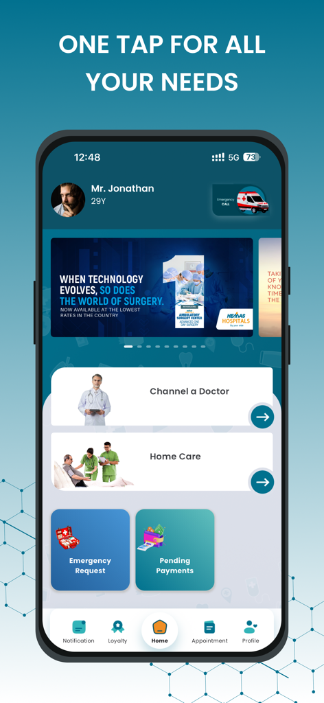 Hemas Health - Schermata principale dell'app mobile Hemas Health con prenotazione medici e servizi di assistenza domiciliare