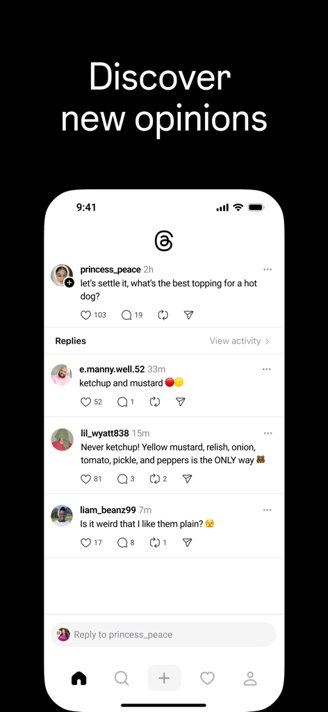 Threads app interface showing a text-based conversation thread with multiple replies about hot dog toppings