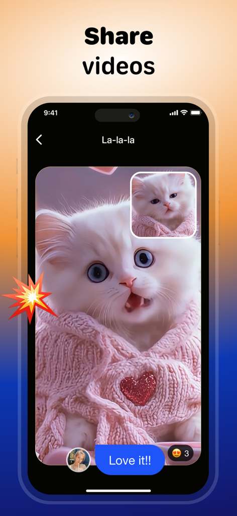 Pet Videos: Cat,Dog Translator - ソーシャルメディアのメッセージバブルが付いた、ピンクのセーターを着たかわいい白い子猫の共有動画を示すスマートフォンの画面