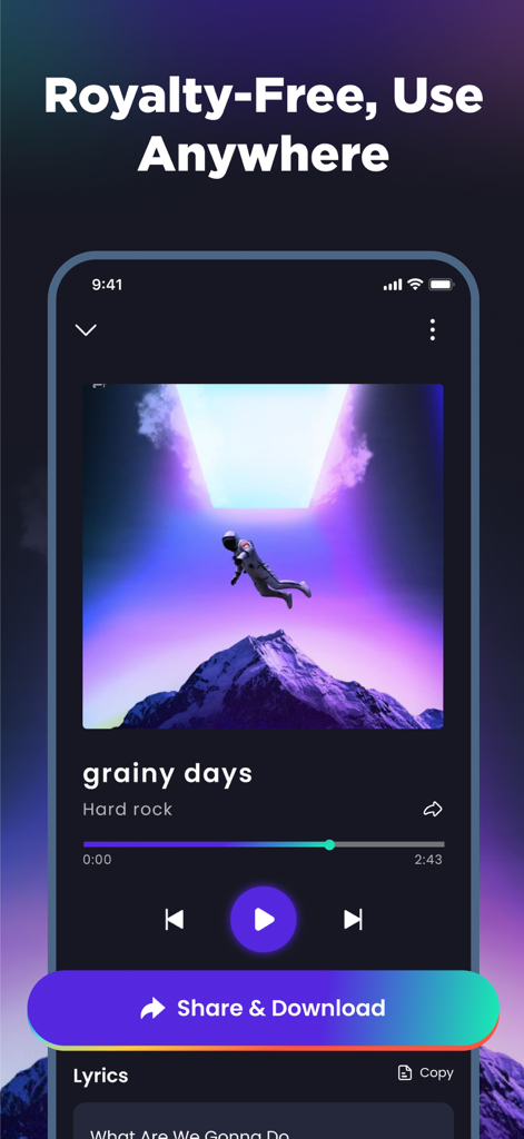 Musica - AI Music Maker - Musica app interface showing a royalty-free hard rock song player with a share and download button